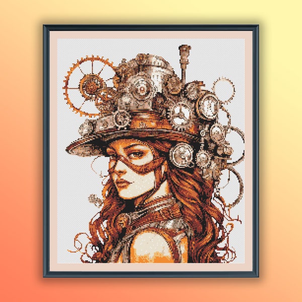 Watercolor Steampunk Girl Counted Cross Stitch PDF Pattern, Modern Cross Stitch Chart, Hand Embroidery