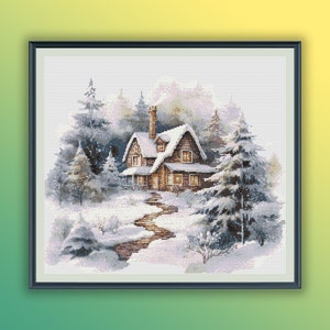 Aquarell Winter Cottage Kreuzstich PDF Muster, verschneite Winterwald Landschaft, Winter Waldlandschaft, Handstickerei
