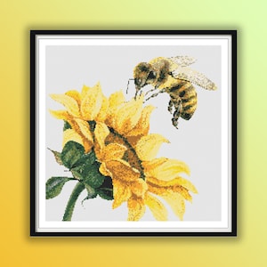 Modern Honey Bee Sunflower Cross Stitch Embroidery Pattern - Instant PDF Download for Summer Crafts