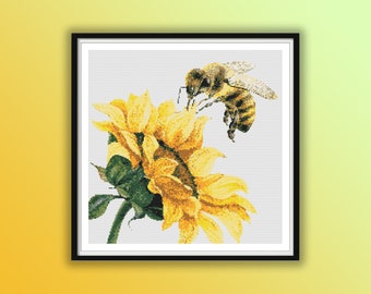 Motif de broderie moderne abeille tournesol au point de croix - Téléchargement instantané au format PDF pour travaux manuels d'été