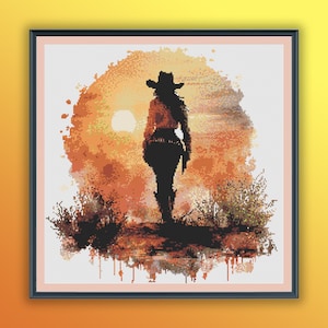 May include: A silhouette of a person wearing a cowboy hat and boots walking towards a sunset. The background is a watercolor painting of a sunset with orange, yellow, and red colors.
