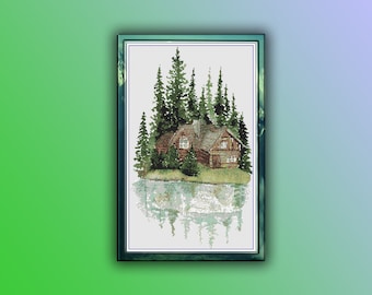 Serene Watercolor Lake Cabin Cross Stitch Pattern: Forest Landscape PDF Chart for Nature Lovers