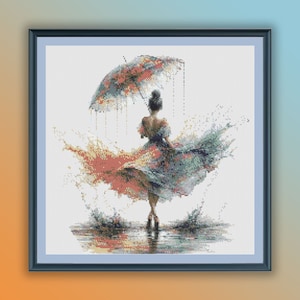 May include: A woman in a colorful dress stands in a puddle of water, holding an umbrella above her head. The dress is a mix of orange, pink, and blue, and the umbrella is a similar color scheme. The water is splashing around her feet, and the background is a light blue.