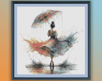Watercolor Dancing in The Rain Counted Cross Stitch PDF Pattern, Girl with Umbrella, Modern Cross Stitch Chart, Hand Embroidery