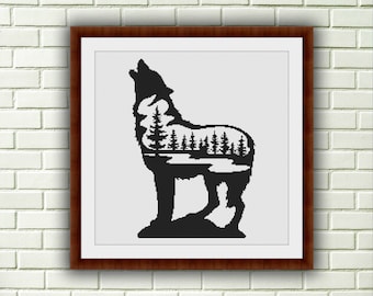 Watercolor Black Wolf Counted Cross Stitch Pattern: Forest Wildlife PDF Download