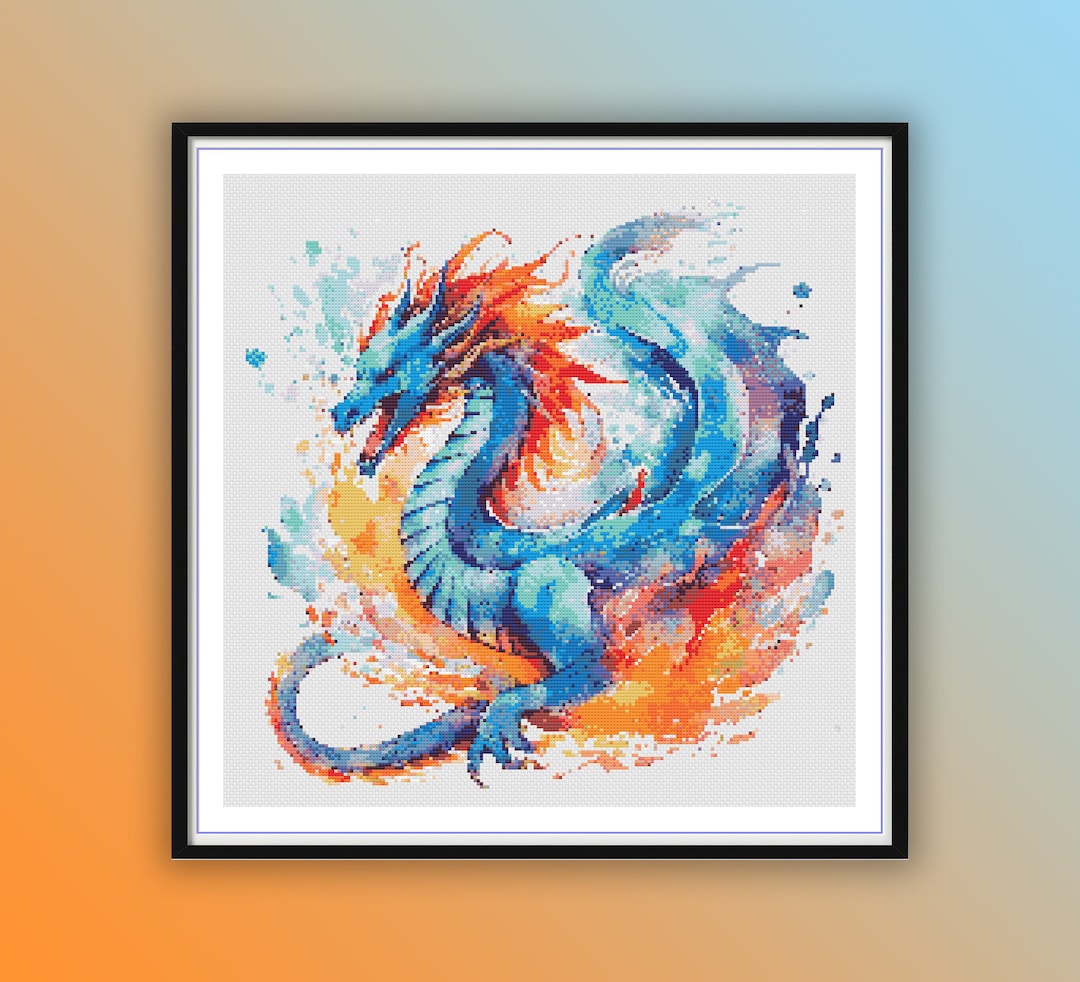 Mystical Watercolor Fire Dragon Cross Stitch Pattern - Yin Yang ...