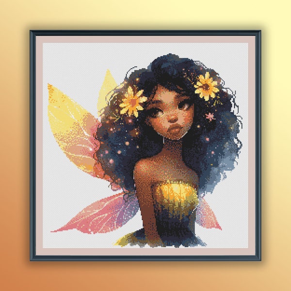 Watercolor Fairy Girl Counted Cross Stitch PDF Pattern, American Afro Fairy, Black Beauty, Modern Cross Stitch Chart, Hand Embroidery