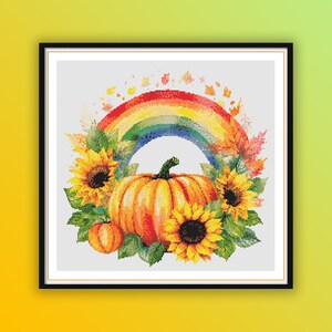 Patrón de punto de cruz contado en PDF con arcoíris otoñal en acuarela, girasoles y calabazas, hojas de otoño, bordado otoñal a mano, punto de cruz moderno