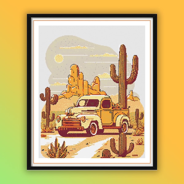 Watercolor Desert Landscape Counted Cross Stitch PDF Pattern, Cactus Cross Stitch, Retro Western Truck, Modern Cross Stitch