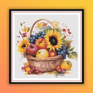 Patrón de punto de cruz de cesta de frutas otoñal con acuarela: gráfico PDF de bordado de Acción de Gracias de otoño
