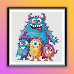 Watercolor Cute Monster Family Counted Cross Stitch PDF Pattern, Monsters Cartoon Characters, Funny Monsters, Modern Cross Stitch Chart