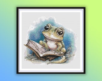 Watercolor Cute Frog Studying Counted Cross Stitch PDF Pattern, Book and Frog, Back To School, Hand Embroidery, Modern Cross Stitch Chart