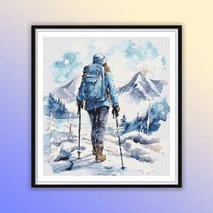 Aquarell Klettern verschneite Berge Landschaft Kreuzstich PDF Muster, Winter Berge Handstickerei, moderne Kreuzstichvorlage