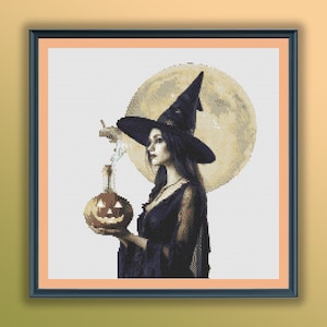 Aquarel gotische Halloween heks getelde kruissteek pdf-patroon, fles pompoendrank, moderne kruissteekkaart, handborduurwerk