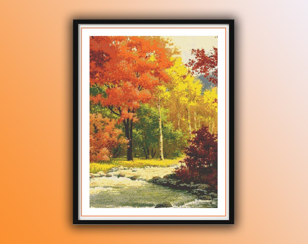 Serene Autumn Forest River Landscape Cross Stitch Pattern - Digital PDF ...
