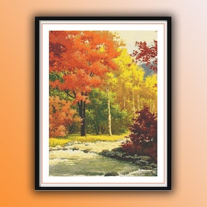Watercolor Autumn Forest and River Landscape Counted Cross Stitch PDF Pattern, Autumn Trees, Autumn Village, Hand Embroidery, Needlepoint