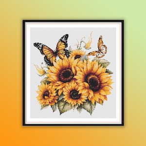 Aquarel zonnebloemen en vlinders getelde kruissteek pdf-patroon, herfstbloemen, handborduurwerk, moderne kruissteekkaart