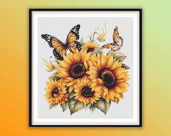 Aquarelle Tournesols et papillons comptés au point de croix Modèle PDF, Fleurs d’automne, Broderie à la main, Tableau de point de croix moderne