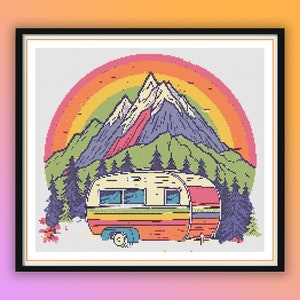 Aquarell Retro Camper Van Kreuzstich PDF Muster, Camping am Berge Wald, Handstickerei, moderne Kreuzstichvorlage