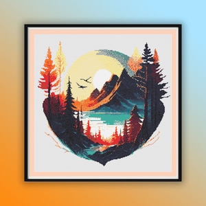 Aquarell See und Berge PDF Kreuzstichmuster, Herbst Sonnenuntergang Landschaft, Handstickerei, moderne Kreuzstichvorlage