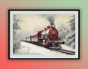May include: A red steam engine train travels through a snowy winter landscape. The train is pulling a long line of passenger cars. The train is surrounded by trees covered in snow.