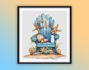 Watercolor Retro Wooden Chair On The Beach Counted Cross Stitch PDF Pattern, Summer Seascape, Shells and Star Fish, Modern Cross Stitch