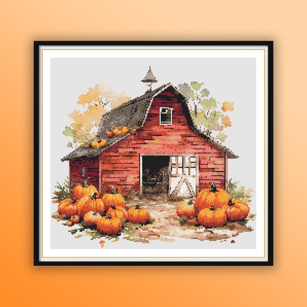 Watercolor Rustic Pumpkin Farm Counted Cross Stitch PDF Pattern, Retro Village Landscape, Fall Trees, Autumn Landscape, Hand Embroidery