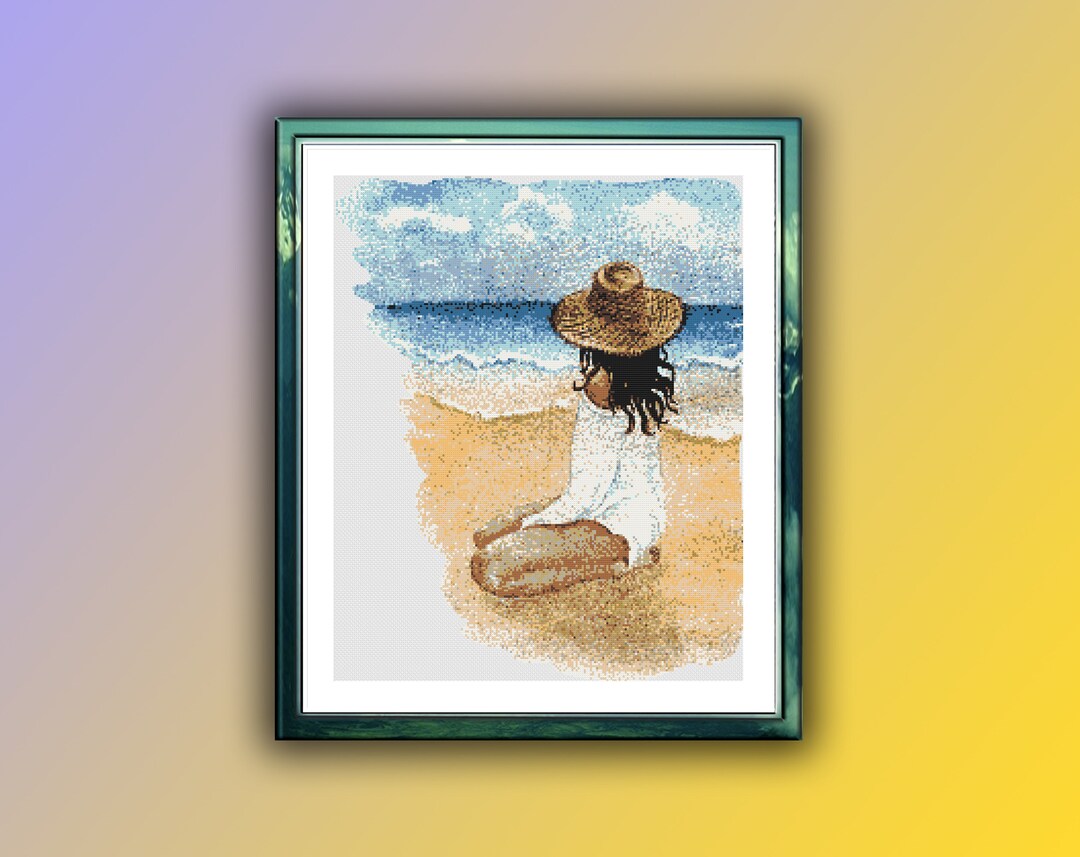 Summer Beach Girl Counted Cross Stitch PDF Pattern, Summer Seascape