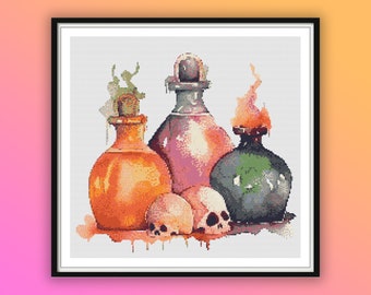 Gruselige Halloween Hexentrank Flaschen Kreuzstich Muster - Aquarell Schädel PDF Chart