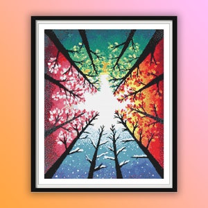 May include: A colorful painting of a forest scene with trees in different seasons. The trees are arranged in a circle, with the tops of the trees meeting in the center. The colors of the trees are red, orange, yellow, green, and blue.