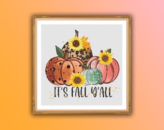 Fall Pumpkins Counted Cross Stitch PDF Pattern, Thanksgiving Pumpkins, Autumn Landscape, Fall Leaves on Ground