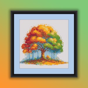 PDF-patroon geteld kruissteek, aquarel grote herfstboom, herfstboslandschap, herfstbomen, moderne kruissteekkaart