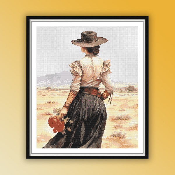 Watercolor Victorian Cowgirl Counted Cross Stitch PDF Pattern, Western Landscape, Hand Embroidery, Modern Cross Stitch Chart
