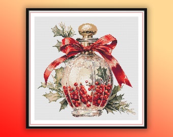 Vintage Christmas Perfume Bottle Watercolor Cross Stitch Pattern - Floral Holiday Embroidery PDF