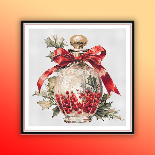 Aquarelle vintage Bouteille de parfum de Noël compté point de croix modèle PDF, fleurs de Noël, broderie à la main, tableau de point de croix moderne