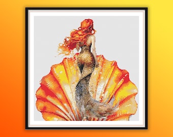 Enchanting Watercolor Mermaid Cross Stitch Pattern: Underwater Sea Treasures PDF Chart