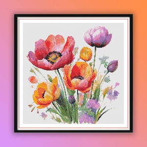 Watercolor Tulips Counted Cross Stitch PDF Pattern, Bouquet Cross Stitch, Flowers Arrangement, Easter Flowers, Hand Embroidery