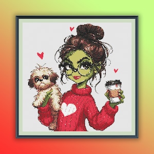 Puede incluir: Una ilustración de dibujos animados de una mujer con piel verde que lleva un suéter rojo con un corazón blanco. Está sosteniendo un pequeño perro blanco y una taza de café. Hay corazones en el fondo.