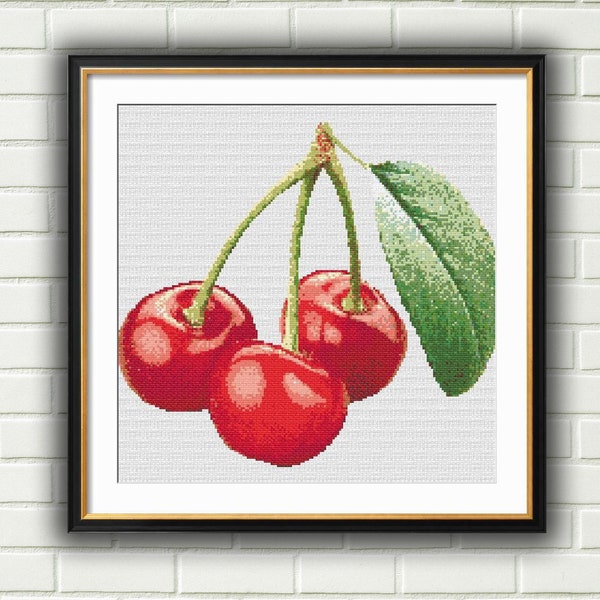 Cherries Counted Cross Stitch Pattern, Fruit Cross Stitch Chart, California Cherries Cross Stitch Pattern, Easy Pattern, PDF Download