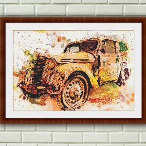 Vintage Watercolor Car Cross Stitch Pattern: Retro Vehicle PDF for Classic Automobile Enthusiasts