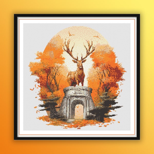 Watercolor Deer Statue at Autumn National Park Counted Cross Stitch PDF Pattern, Autumn Forest, Rainy Autumn, Fall Trees Hand Embroidery