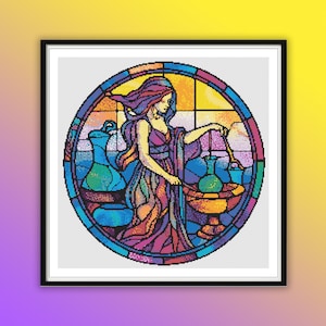 Gebrandschilderd glas-stijl heks getelde kruissteek pdf-patroon, halloweenheks, moderne kruissteekkaart, handborduurwerk