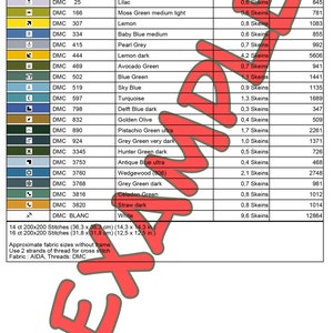 May include: A chart showing DMC floss colours and their corresponding skein amounts needed for a cross stitch project. The chart includes the DMC floss number, colour name, length in skeins, and the total number of stitches required for each colour. The project is for a 14 count Aida fabric, with a size of 36.3 x 36.3 cm (14.3 x 14.3 in).