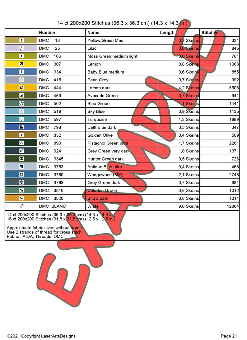 May include: A chart showing DMC floss colours and their corresponding skein amounts needed for a cross stitch project. The chart includes the DMC floss number, colour name, length in skeins, and the total number of stitches required for each colour. The project is for a 14 count Aida fabric, with a size of 36.3 x 36.3 cm (14.3 x 14.3 in).