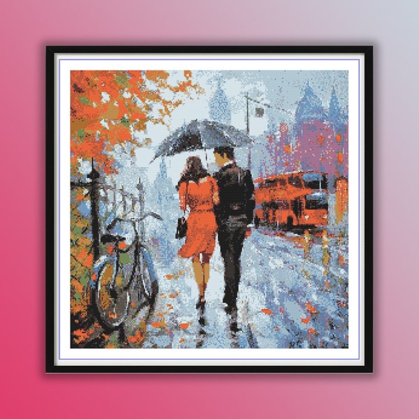 Watercolor Romantic Couple at Rainy Autumn Day Counted Cross Stitch PDF Pattern, Rainy London City, Hand Embroidery, Needlepoint