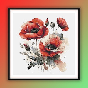 Aquarel rode papaver getelde kruissteek pdf-patroon, boeketkruissteek, bloemstuk, moderne kruissteek, handborduurwerk