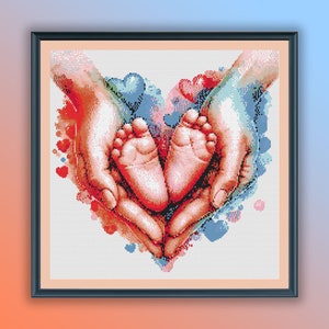 Aquarel babyvoeten in Moederdag hand geteld kruissteek pdf-patroon, gelukkige zwangerschap, handborduurwerk, moderne kruissteekkaart