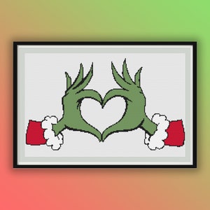 Grinch Hands Christmas Love Counted Cross Stitch Pattern - Merry Holiday Embroidery Chart PDF