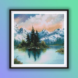 Aquarell See und Berge Landschaft Kreuzstich PDF Muster, Verschneite Winterberge, See und Wald, Handstickerei