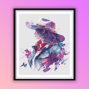 May include: A colorful, abstract painting of a woman wearing a cowboy hat. The painting is done in shades of pink, purple, blue, and green. The woman's face is partially obscured by the hat, but her eyes are visible. The painting is framed in a black frame.